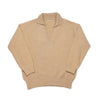 Front of open crew neck collar jumper, without buttons. Sweater in cosy camel colour