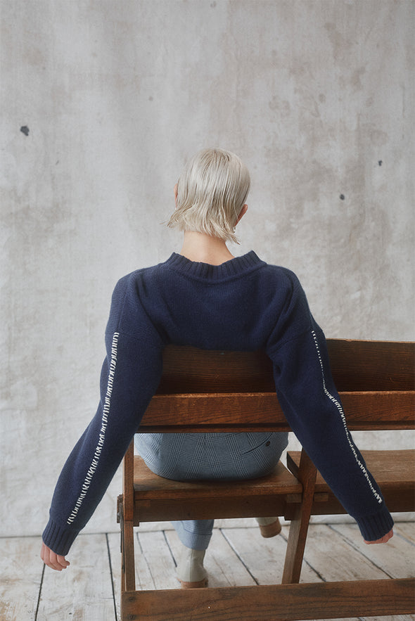 Recycled Cashmere Crew Neck Jumper with Whip-Stitching - Indigo Blue