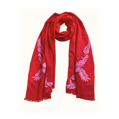 Entwined palm embroidered Cashmere wrap -Red with pink embroidery