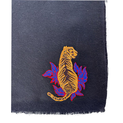 Hand Woven Sitting Tiger Embroidered Scarf (Charcoal Grey)