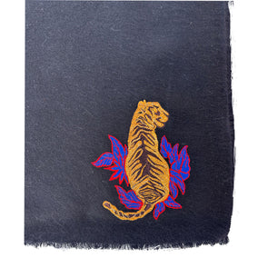 Hand Woven Sitting Tiger Embroidered Scarf (Charcoal Grey)