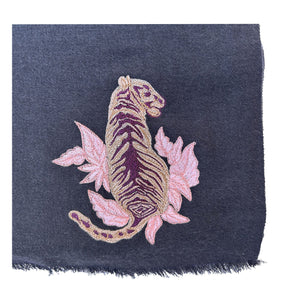 Hand Woven Sitting Tiger Embroidered Scarf (Charcoal Grey with Neutral embroidery)