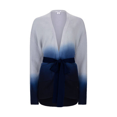 Knitted from the finest grade 100% cashmere, this over-sized belted cardigan has been hand-dipped using eco dyes to give this subtle colour change from light to inky blue
