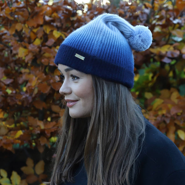 Knitted Beanie Bobble Hat Blue - now 50% off