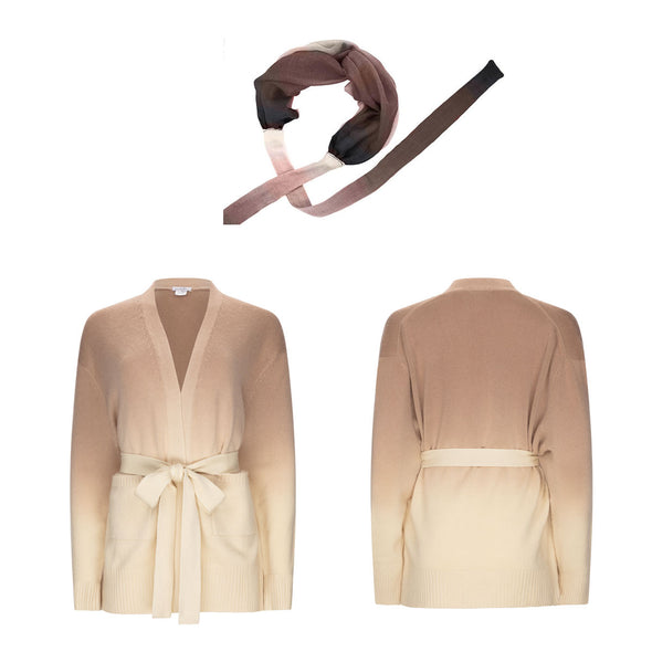 Gift Set - Dip Dye Cashmere Cardigan in Natural Ombre, Complimentary Brown Headband (worth £335)