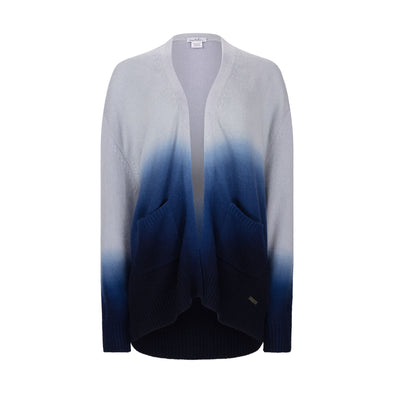 Knitted from the finest grade 100% cashmere, this over-sized belted cardigan has been hand-dipped using eco dyes to give this subtle colour change from light to inky blue