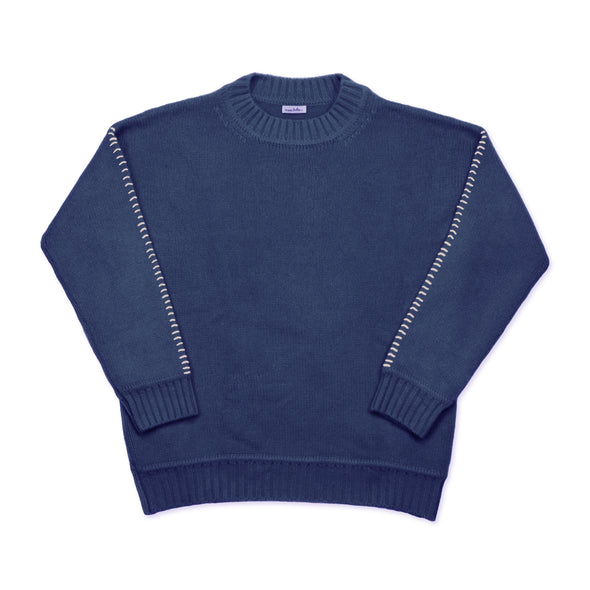 Recycled Cashmere Crew Neck Jumper with Whip-Stitching - Indigo Blue