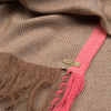 Folded detail of scarf showing twisted yarn fringe camel beige blended with cream scarf with light pink stripe 2cm wide down both edges. As featured in The Sunday Times luxurious scarf from Thread Tales company