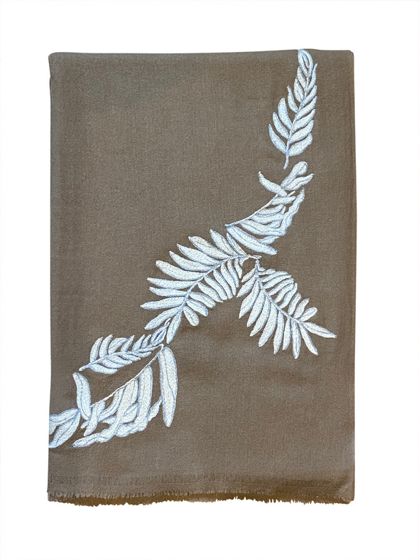 Trailing Palm embroidered Cashmere wrap -Sand/Ecru
