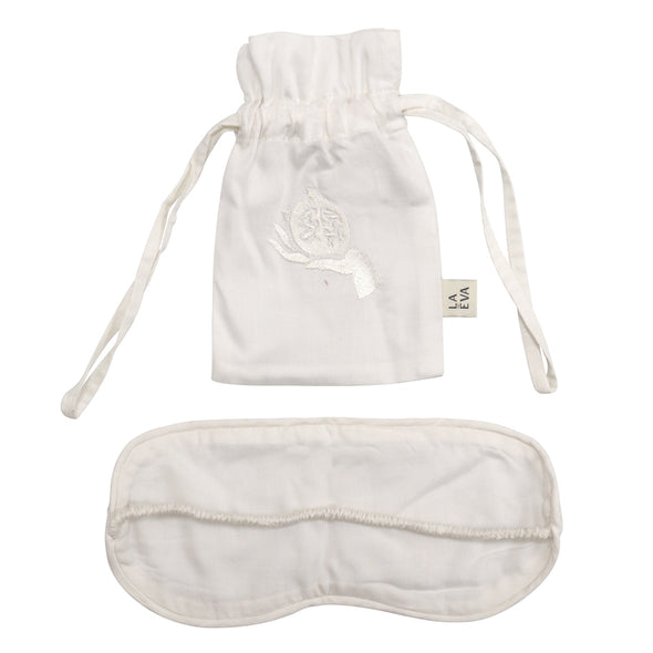 Ivory silk pouch embroidered with ivory pomegranate and eye mask