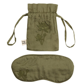 Olive green Lotus silk pouch embroidered with lotus flower containing eye mask 