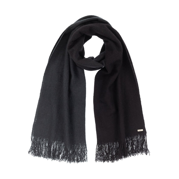 Neckloop of scarf dip dyed in subtle shades of dark grey to almost black. Made from wool, yak and cashmere, a soft and luxurious scarf from Thread Tales company
