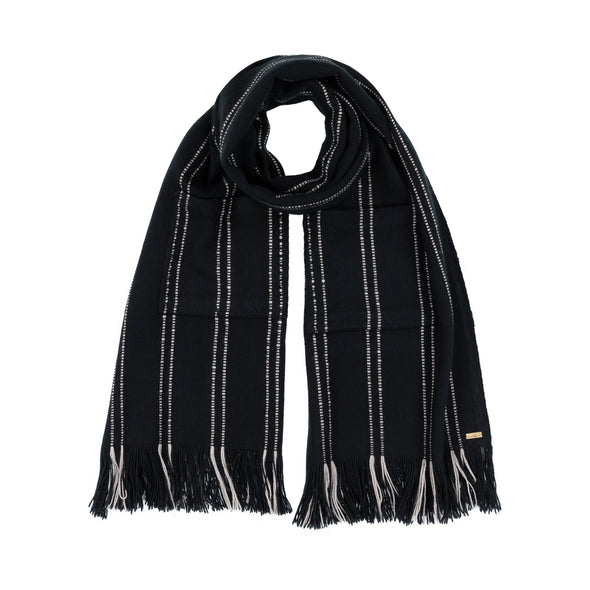 Neck loop section scarf black merino wool cream stripe from Thread Tales Company