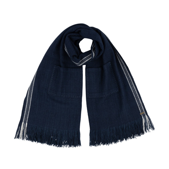 Neck loop showing this luxurious and practical indigo blanket scarf with pockets and generous proportions