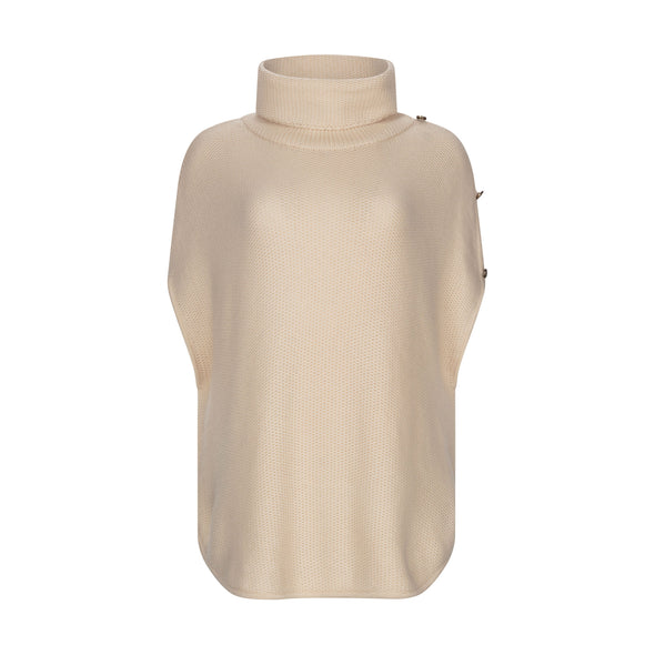 This cosy high neck sleeveless poncho jumper has been eco-dyed to a subtle cream colour.