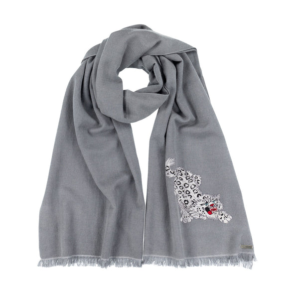 Hand Woven Snow Leopard Embroidered Scarf (Grey) pre-order
