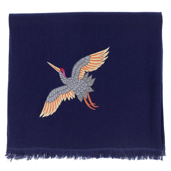 Crane Embroidered Cashmere Scarf - Navy Ink