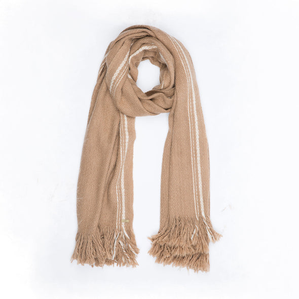 Neckloop 100% camel wool luxurious oversized blanket wrap in camel colour with cream selvedge edge stripe. Soft and thick this is cosy travel wrap from Thread Tales company