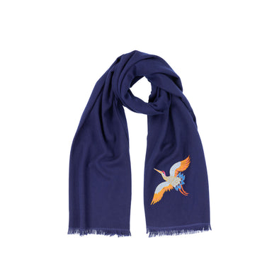 Crane Embroidered Cashmere Scarf - Navy Ink
