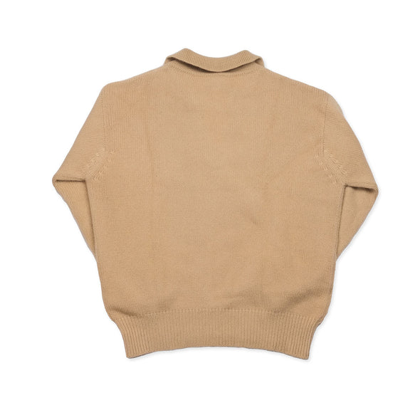Back of crew neck collar jumper. Sweater in cosy camel colour