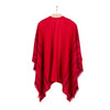 Hanging back view fringed travel wrap red with crimson striped edge fringed cashmere wool from Thread Tales company