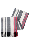 Scarf folded display red, black white twill stripes merino wool, handwoven heavyweight blanket from Thread Tales company