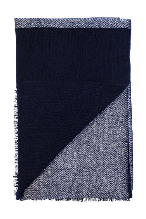 Folded detail of scarf in navy soft cashmere mix with metallic lighter navy blue yarn from Thread Tales company 