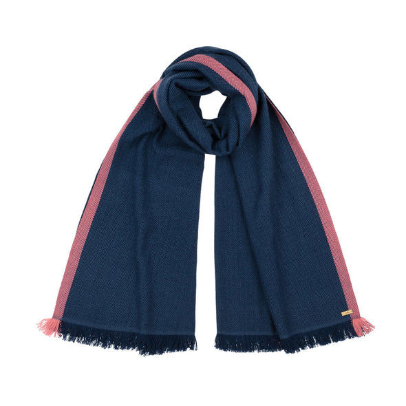 Navy Handwoven Cashmere / Wool herringbone Indigo with Pink Tipped Wrap