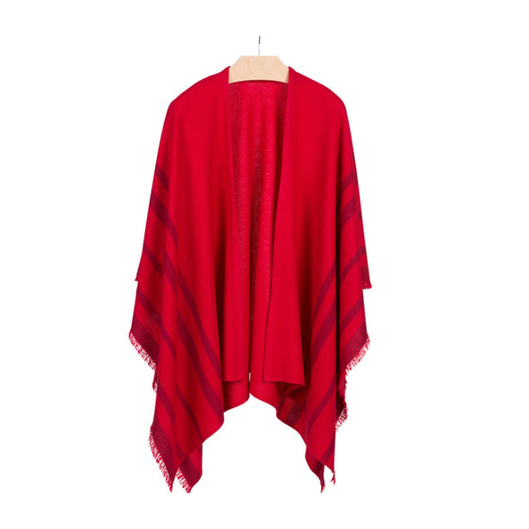 Hanging front view fringed travel wrap red with crimson striped edge fringed cashmere wool from Thread Tales company