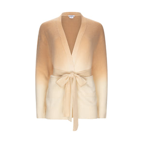 Knitted from finest grade 100% cashmere, belted cardigan has been hand-dipped using eco dyes create subtle colour change from light to caramel