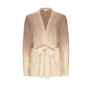 Knitted from the finest grade 100% cashmere, this over-sized belted cardigan has been hand-dipped using eco dyes to give this subtle colour change from light to caramel