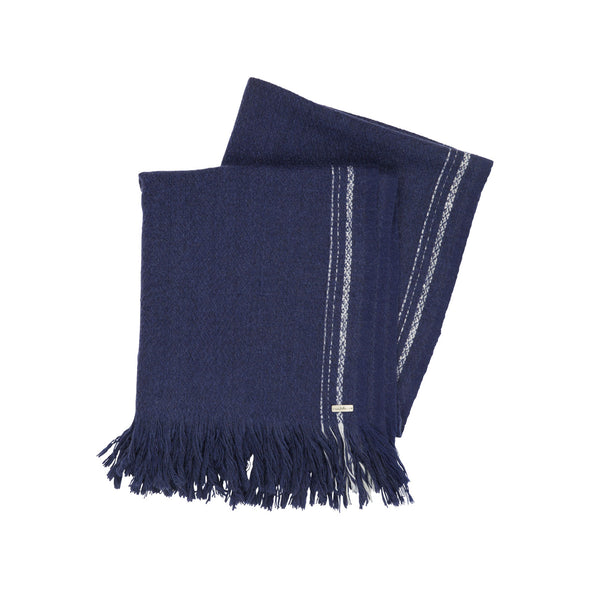 Folded fringe detail navy indigo blanket shawl scarf large yak soft luxurious edge stripe cream from Thread Tales company